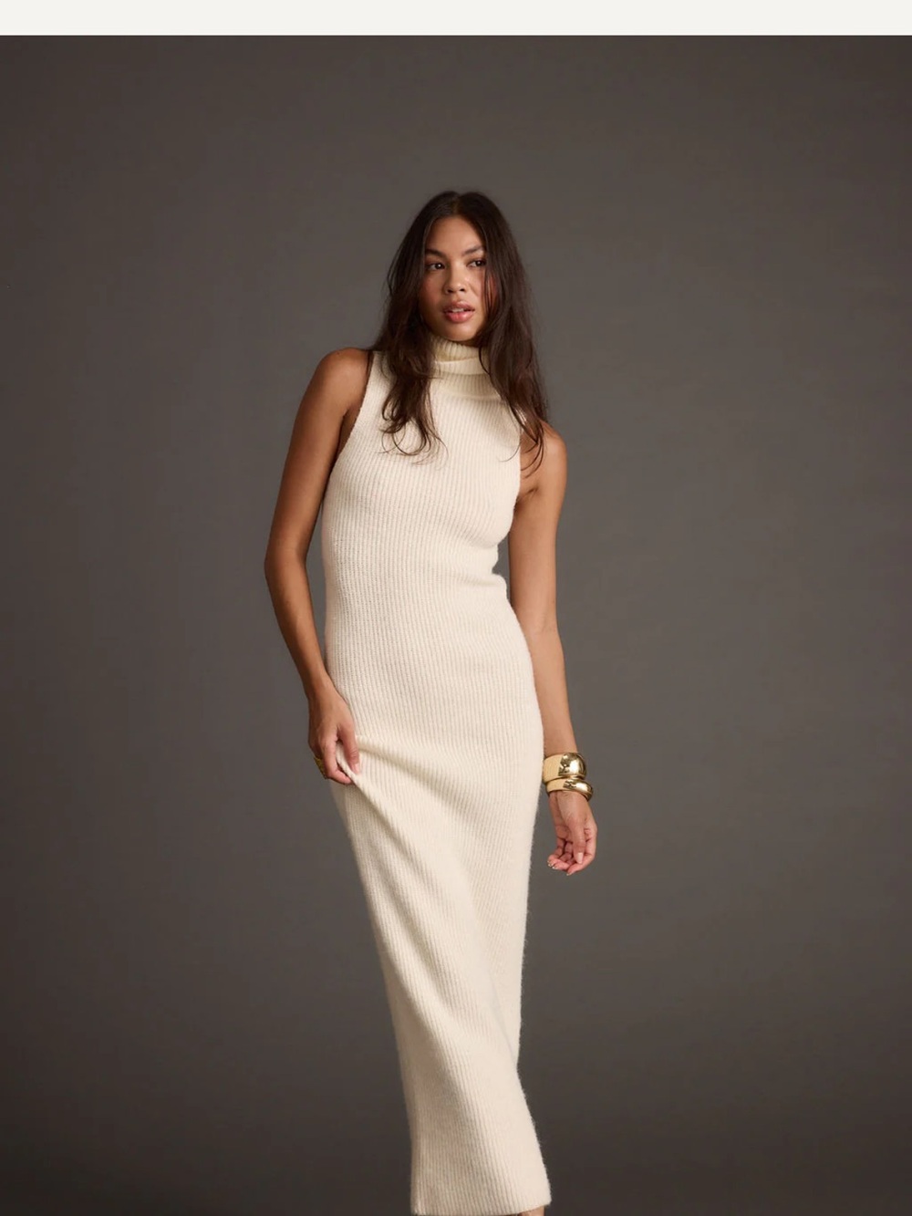 Sleeveless Turtleneck Knit Maxi Dress - Cream